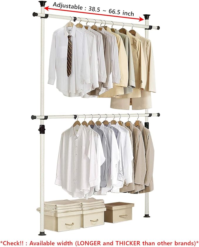 PRINCE HANGER Rack Heavy Duty One Touch System Load 352LBS Clothing Racks for Hanging Clothes Metal Closet Garment Closet system Tension Rod Free Standing Ivory Width Adjustable PHUS-0023-Ruum Studio Home