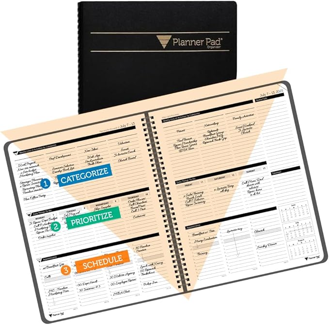 Planner Pad Spiral Bound 3-Tier Funnel Down 12 Month Organizer, July 2025 – June 2026 / Academic Year, Black Cover/Black Ink, 8 1/2" x 11"-Ruum Studio Home