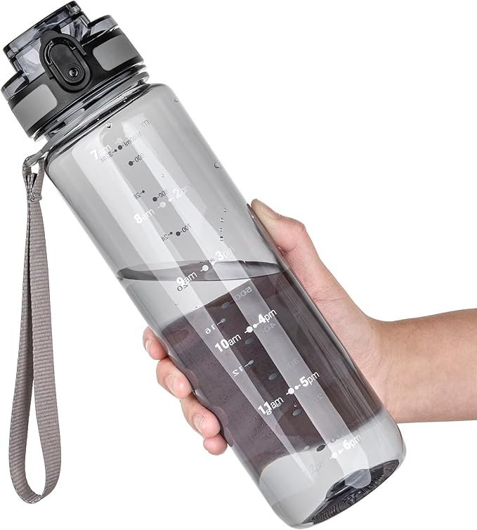 OLDLEY 32 oz Water Bottle, Motivational Water Bottle with Time Marker, Sports Water Bottle With Strap, Leakproof & BPA Free Large Water Bottles for School, Gym,Outdoor, Tritan, Transparent-Gray-Ruum Studio Home