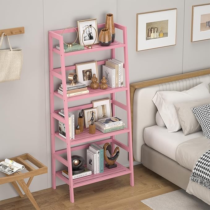 Homykic Bamboo Ladder Bookshelf, 4-Tier Ladder Shelf Open Book Shelf Freestanding Bookcase Bathroom Storage Rack Plant Stand for Living Room, Bedroom, Office, Easy Assembly, Pink-Ruum Studio Home