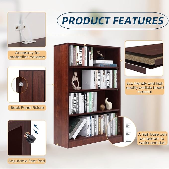 Bookshelf, Open Modern Bookshelf, 4 Shelf Bookcase with Freestanding Display Storage, Wooden Book Shelf for Bedroom, Living Room, Dinning Room, Office, 48 Inch, Brown-Ruum Studio Home