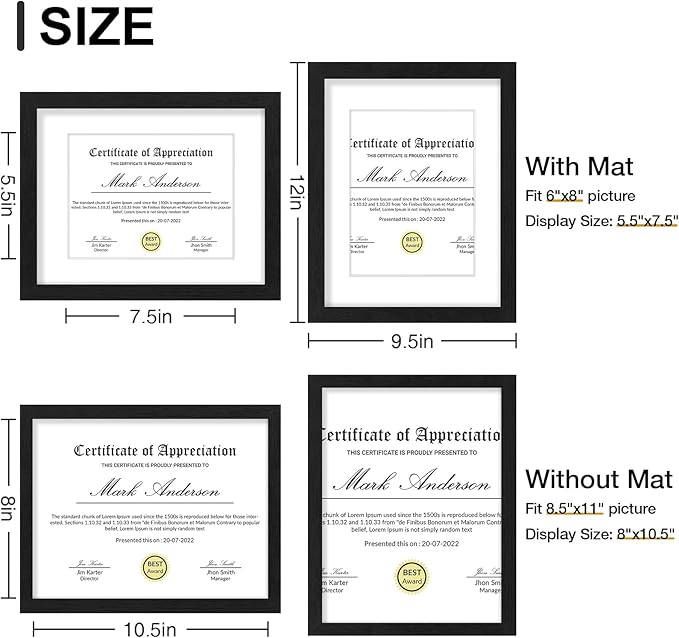 Vittanly 8.5x11 Picture Frames Set of 9, Shatter Resistant Plexiglass, Display 6x8 Pictures with Mat or 8.5x11 without Mat, Photo Frames for Wall or Tabletop, Engineered Wood, Black-Ruum Studio Home