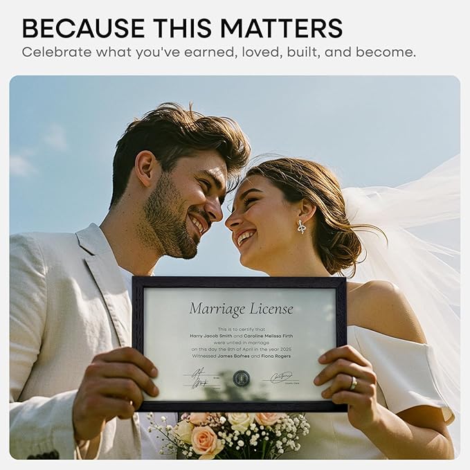 Homeforia 8.5x14 Marriage License Frame Black, High End Oak 8.5x14 Certificate Black Wood Frames, 8.5by14 Wooden Frame for Wall & Tabletop, 8.5 by 14 Picture Frames, Tempered Glass, Wall Kit, Set of 1-Ruum Studio Home
