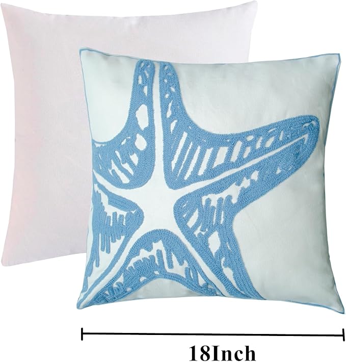 Embroidered Decorative Throw Pillow Cover, 18"x18" Set of 2, Farmhouse Pillowcase Blue Sea Star Knit Pattern Cotton Canvas Cushion Case Square Floral Pillow Case for Sofa Couch Bed Living Room-Ruum Studio Home