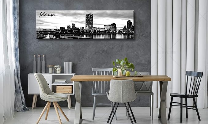 DJSYLIFE Milwaukee Skyline Wall Art Black and White Stretched Canvas Wall Art Prints for Bedroom or Office Decoration Ready to Hang 13.8" x 47.3"-Ruum Studio Home