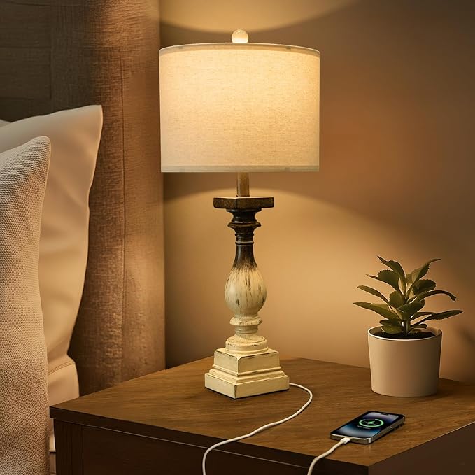 BOBOMOMO 27" Farmhouse Table Lamps with USB-A +C Ports, Vintage Rustic Side Table Lamps Set of 2, Linen Shade, Retro Bedside Night Stand Lamps for Living Room, Bedroom, Office, Home Decor-Ruum Studio Home