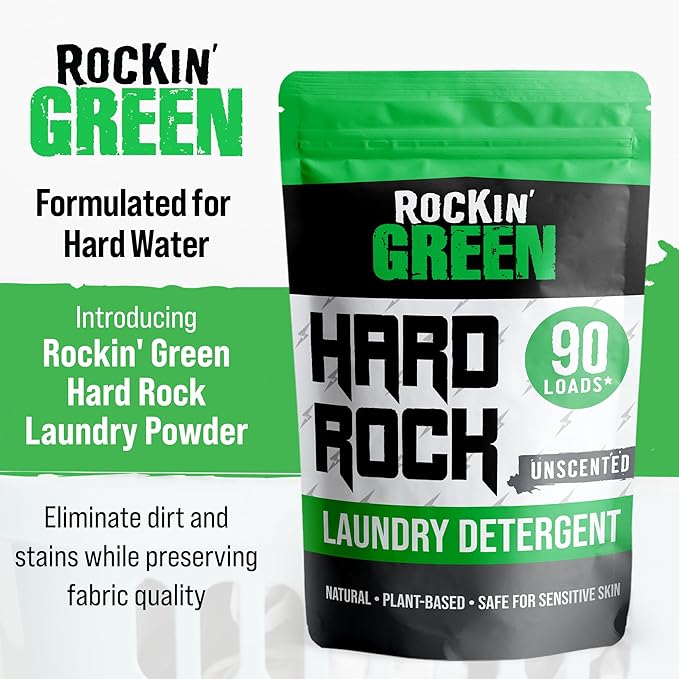 Rockin' Green Hard Rock Laundry Detergent for Hard Water (90 Loads), Plant based, Natural Laundry Detergent Powder, Biodegradable Odor Fighter, Safe for Sensitive Skin, 45 oz (Unscented)-Ruum Studio Home