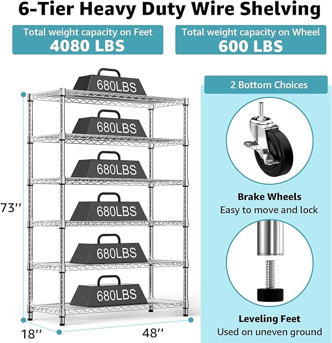 Steel Storage Shelving 6-Tier Utility Shelving Unit with Wheels, Steel Organizer Wire Rack for Home,Kitchen,Office,Garage,17.7" D x 47.2" W x 76.7" H-Ruum Studio Home