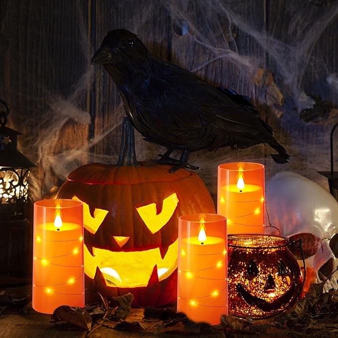 NURADA 3"x6"Flickering Flameless Candles: Built-in Star String Lights 3D Wick Battery Operated LED Pillar Candles with Remote and Timer for Halloween Thanksgiving Dinner Tables Home Fall Decor Orange-Ruum Studio Home