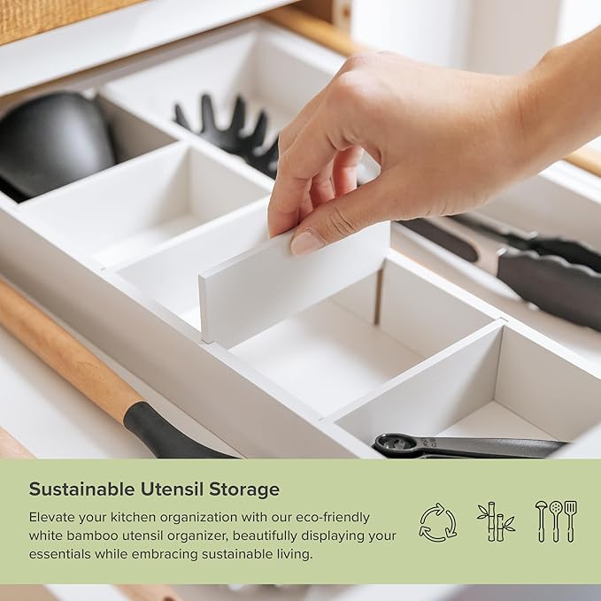 Adjustable Kitchen Drawer Organizer for Utensils and Junk, Food-Safe Contract Grade with 100% Sustainable Wood, Expandable from 16 to 28 Inches Wide - White Bamboo-Ruum Studio Home