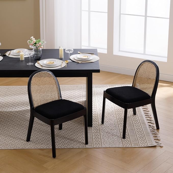 Mid Century Dining Chairs Set of 2, Accent Rattan Sherpa Fabric Side Chairs Kitchen Chair with Solid Wooden Legs for Living Room Dining Room, Black-Ruum Studio Home