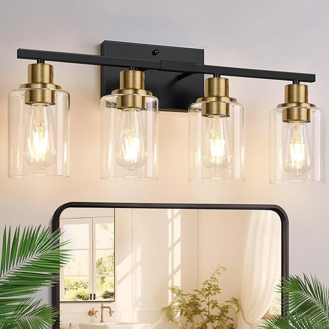4-Light Bathroom Light Fixtures, Black and Gold Modern Vanity Lights with Clear Glass Shades, Bathroom Wall Lamp for Mirror Living Room Cabinet Bedroom Porch-Ruum Studio Home
