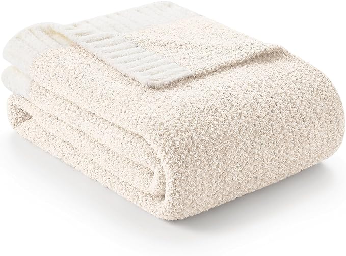 Snuggle Sac Buttery Ivory Throw Blanket for Couch, Reversible Super Soft Knitted Blankets, Warm Cozy Knit Fuzzy Plush Lightweight Throws Dupes for Sofa, Bed, Picnic, Ivory, 50 x 60 inches-Ruum Studio Home