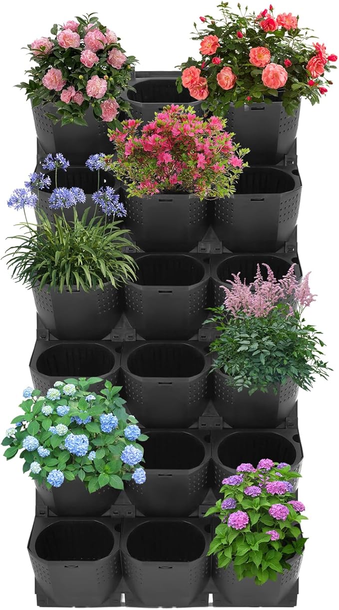 12Pieces 3-Pot Wall Planter Vertical Garden Plant Walls Wall Mounted Vertical Planter with Water-Storage Layer Stackable Wall-Mounted Flower Pot for Gardens, Balconies 180.78lbs Total Capacity (Black)-Ruum Studio Home