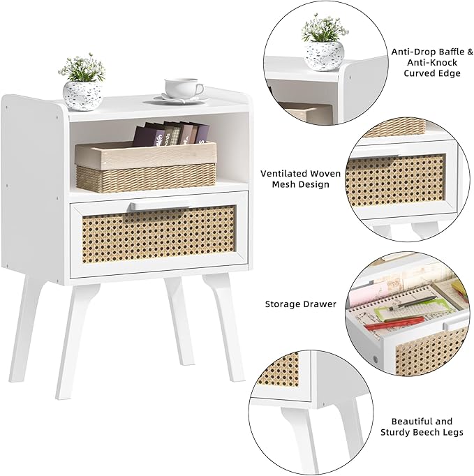 Lerliuo Rattan Nightstand, Bedside Table with Drawer Open Shelf, Cane Accent Side End Table with Solid Wood Legs, White Mid Century Night Stand for Bedroom, Dorm and Small Spaces-Ruum Studio Home