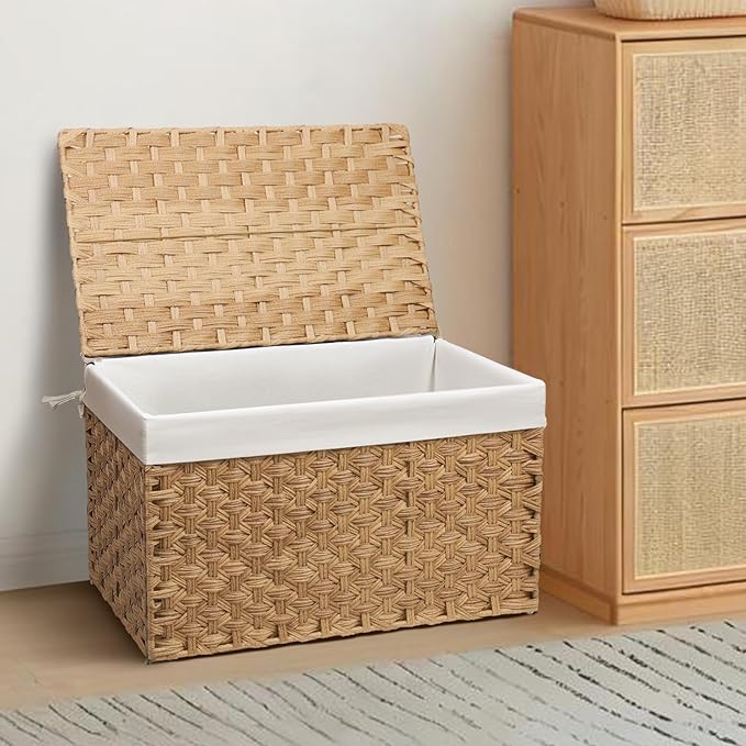 Wicker Storage Basket with Lid, 27.7 Gallon (105L) Large Blanket Basket with Lid, Woven Storage Bin with Handles, Removable Liner, Metal Frame, Foldable, for Bedroom, Laundry Room, Natural-Ruum Studio Home