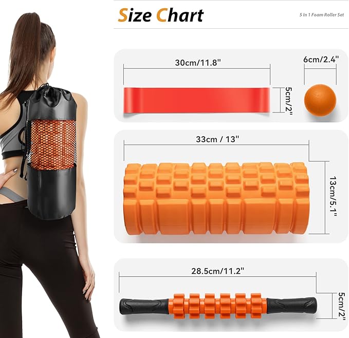5 in 1 Foam Roller Set for Deep Tissue Muscle Massage, Trigger Point Fitness Exercise Foam Roller, Massage Roller, Massage Ball, Stretching Strap, for Whole Body (Orange-New)-Ruum Studio Home