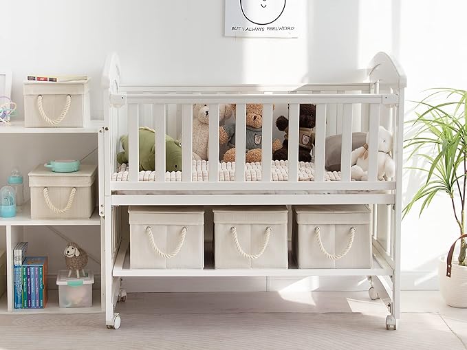 StorageWorks Large Storage Bins with Lids, Decorative Storage Boxes with Lid and Soft Rope Handles, Foldable Storage Baskets for Closet, Shelves, Stackable, Ivory and White, 3-Pack-Ruum Studio Home