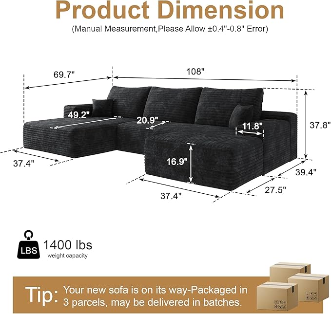 108" Sectional Couches for Living Room Modern Modular Sofa with L-Shape Couchs Upholstered Boneless Couch Deep Seat Sectional Couch with Chaise (Black, Left Facing Chaise+2Seaters+1Ottoman)-Ruum Studio Home
