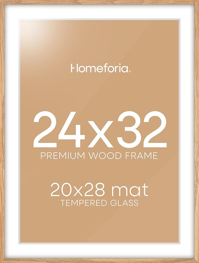 Homeforia 32x24 Poster Frame Wood, High End Natural Oak 24x32 Large Picture Frame with Mat 20x28, 24 x 32 Light Wooden Frame Matted to 20 by 28 Photo, 24by32 Frames, Tempered Glass, Wall Kit, Set of 1-Ruum Studio Home