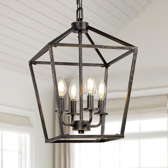 4 Light Chandelier Lighting, Industrial Ceiling Light Black Lantern with Brushed Gold, Geometric Metal Hanging Light Fixture with Adjustable Chain, E12 Base for Entryway Kitchen Island, Indoor Use-Ruum Studio Home