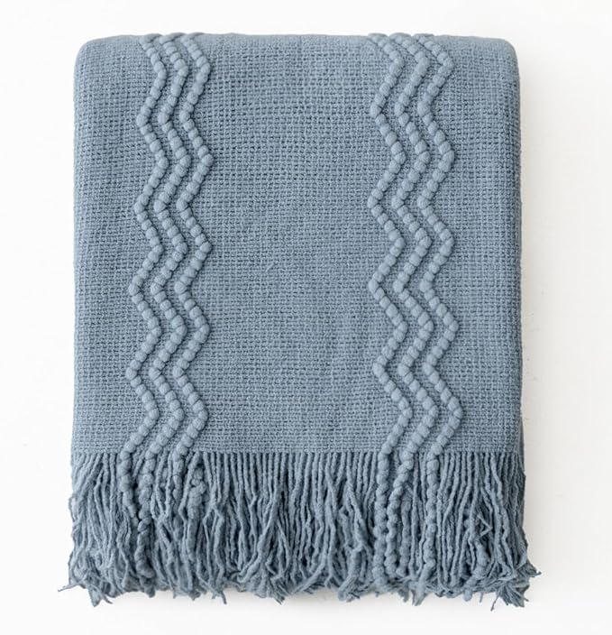 MIULEE Dusty Blue Cozy Knitted Throw Blanket for Couch Textured Knit Blanket with Tassels Woven Acrylic Wave Pattern Boho Blankets for Sofa Bed Chair 50"x60"-Ruum Studio Home