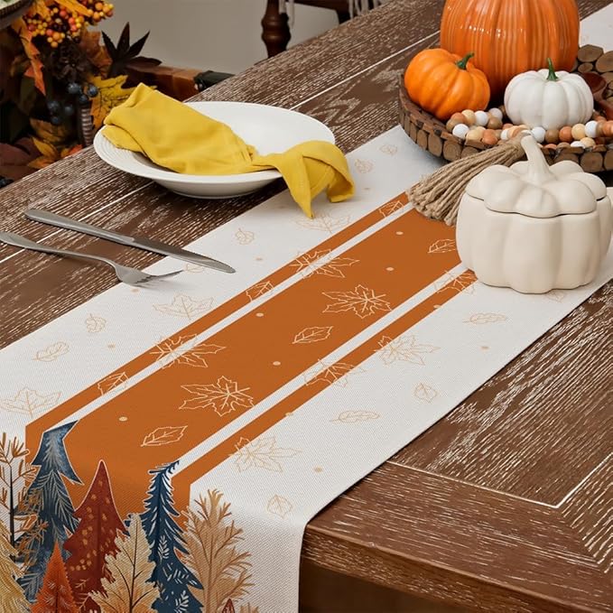 GEEORY Fall Watercolor Trees & Maple Leaves Striped Table Runner 13x72 Inch, Rustic Farmhouse Autumn Thanksgiving Decor for Kitchen, Dining, Indoor/Outdoor Holiday Dinner Party Orange GT157-72-Ruum Studio Home
