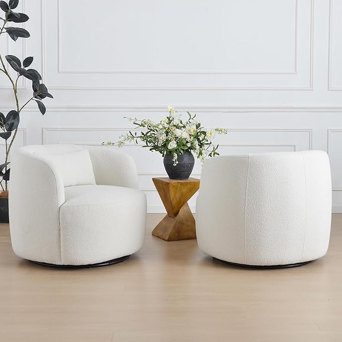 KINWELL 34" Wide Sherpa Swivel Barrel Chairs Set of 2, No Assembly Round Boucle Upholstered Accent Chairs Armchairs Single Sofa Chair with Toss Pillow for Living Room and Bedroom, Beige-Ruum Studio Home