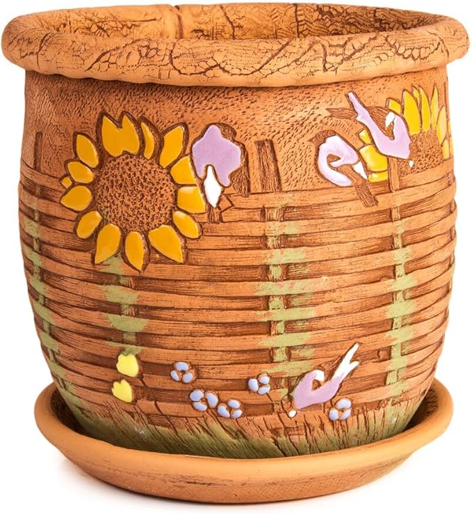 Ceramic Pot with Drainage Hole and Saucer, Plant Pots, Modern Decorative Planters for House Plants Indoor Flowers Plants, Cute Flower Pot - Gifts (Wicker (1.6 L))-Ruum Studio Home
