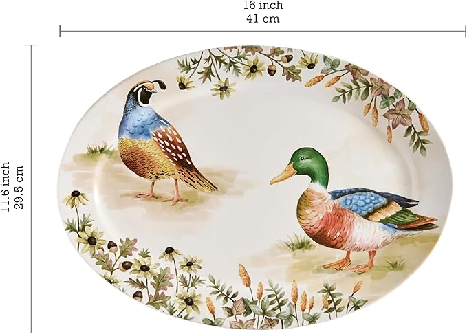 Bico Autumn Birds 16 plus 14 inch Oval Platters Set, Set of 2, Microwave and Dishwasher Safe, for Serving Fish, Chicken, Turkey-Ruum Studio Home