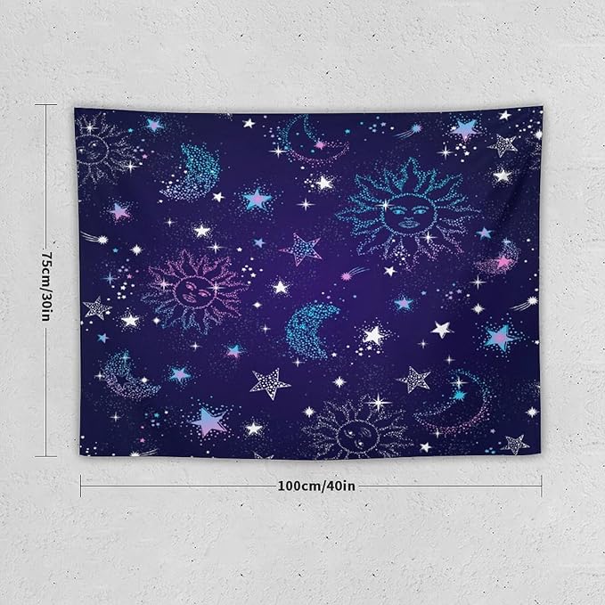 HZOHNAGO Boho Sun Moon Tapestry Purple Blue Sun Stars Galaxy Pattern Printed Wall Tapestry Wall Hanging for Bedroom Living Room Dorm 40" W x 30" H-Ruum Studio Home