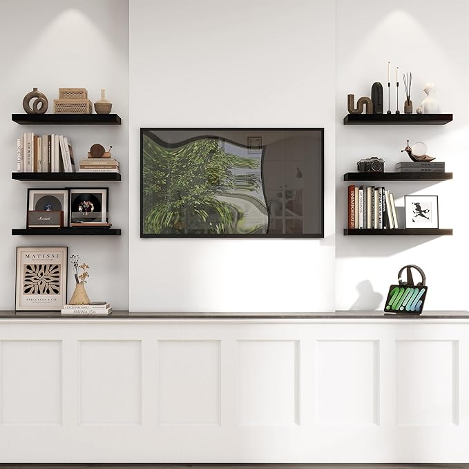 Heimlove 24 inch Floating Shelves for Wall,9.3 inch deep Black Wood Shelves with Invisible Brackets,Wall Mounted Storage & Display Shelves for Bedroom,Living Room,Set of 2-Ruum Studio Home