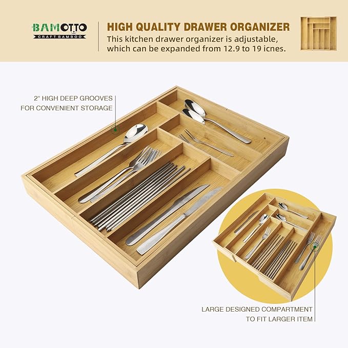 Expandable Bamboo Drawer Organizer – Large 20"x16.9" Size with Adjustable Dividers – for Kitchen Utensils, Knives, Cutlery, Flatware & Silverware Storage Tray-Ruum Studio Home