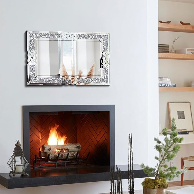 Crushed Diamond Decorative Wall Mirrors, 27.7x39.5 Inch Rectangle Living Room Mirrors for Wall Decor, Modern Glam Bathroom Dining Room Entryway Mirror Silver-Ruum Studio Home