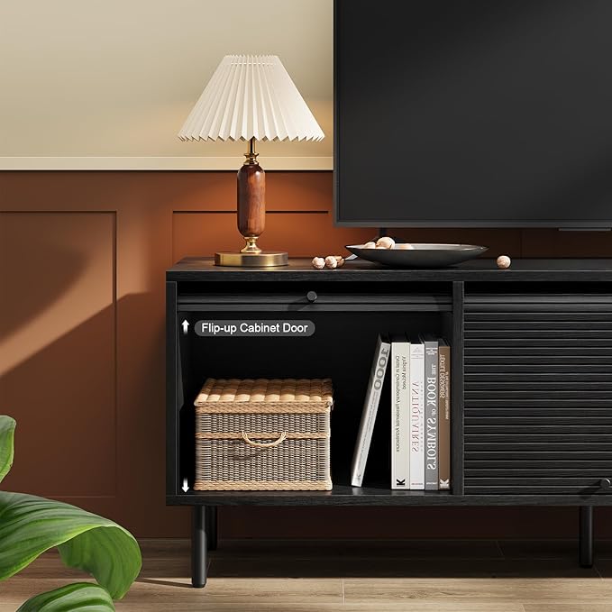 59 Inch TV Stand with Power Outlet for TVs up to 65 Inch, Entertainment Center with Storage, Mid-Century Modern TV Console, Adjustable Shelf & Sliding Doors, TV Stand for Living Room, Bedroom, Black-Ruum Studio Home