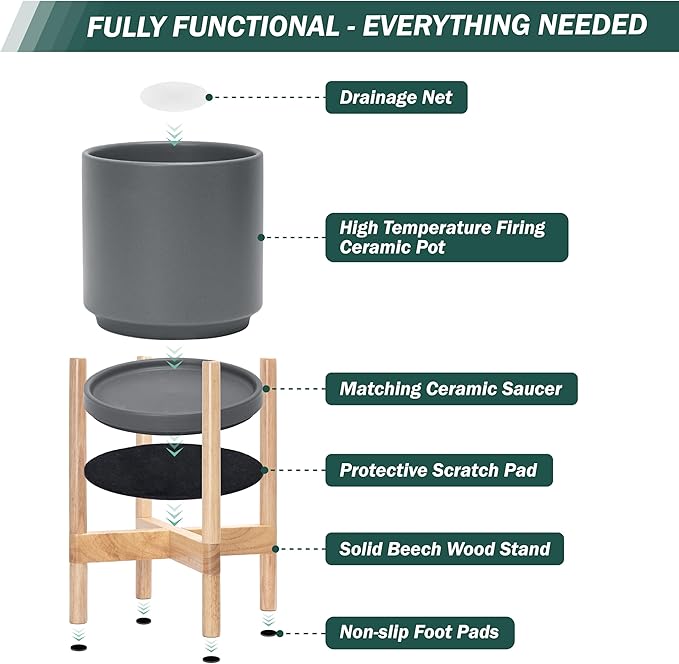 D'vine Dev Ceramic Planter with Natural Stand - 12 Inch Modern Round Flower Pot with Wood Planter Holder, Grey, 55-B-J-3-Ruum Studio Home