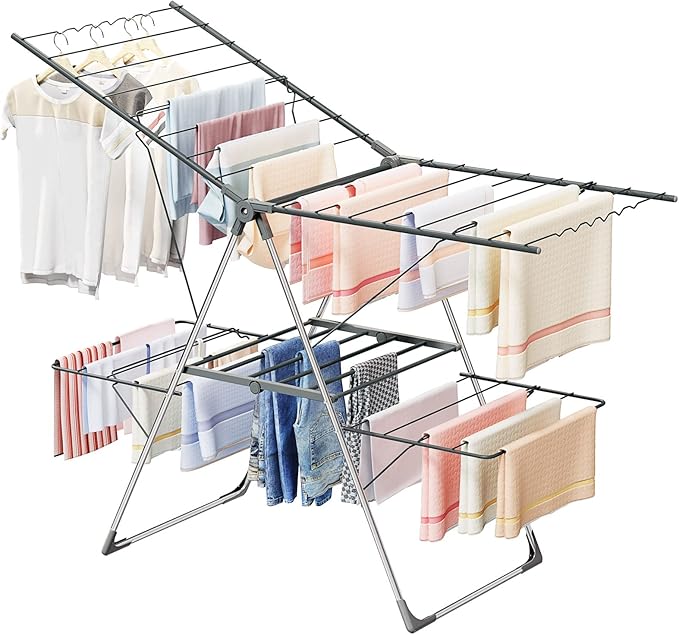 Bigzzia Clothes Drying Rack Foldable, 2-Level Large Laundry Drying Rack Collapsible, Stainless Steel Drying Rack Clothing for Indoor Outdoor, Easy to Fold, 33 Drying Rails, 142cm, Gray-Ruum Studio Home