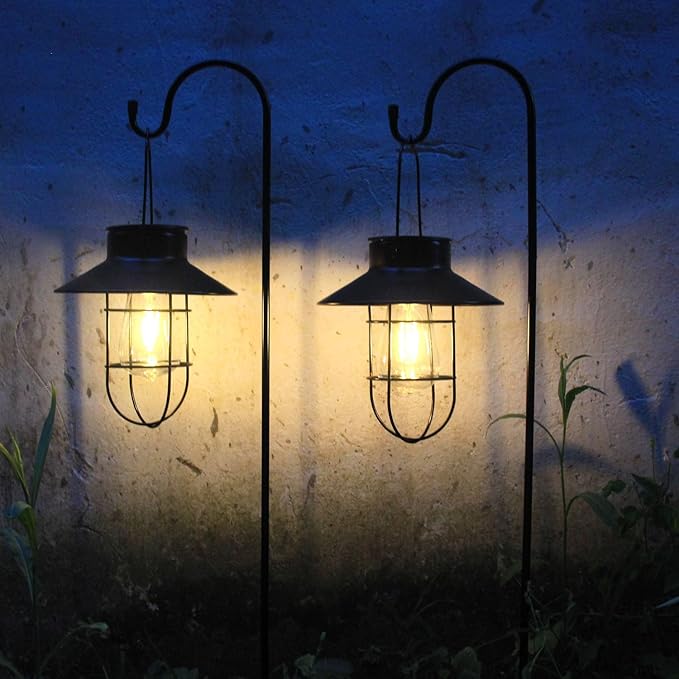 Solar Lantern 2pack Outdoor Hanging Light- Waterproof Vintage Metal Light with Shepherd Hook Decorative for Patio, Backyard, Porch, Yard (Black)-Ruum Studio Home