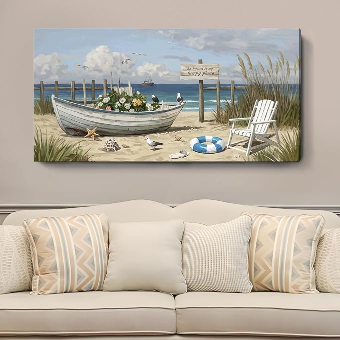 amatop Oversized Coastal Canvas Wall Art – Nautical Seaside Landscape Floral Boat on Sandy Beach Ocean Seabirds Horizontal Decor Large Wildflower Nature Artwork for Living Room Bedroom Office 58×29 Inch-Ruum Studio Home