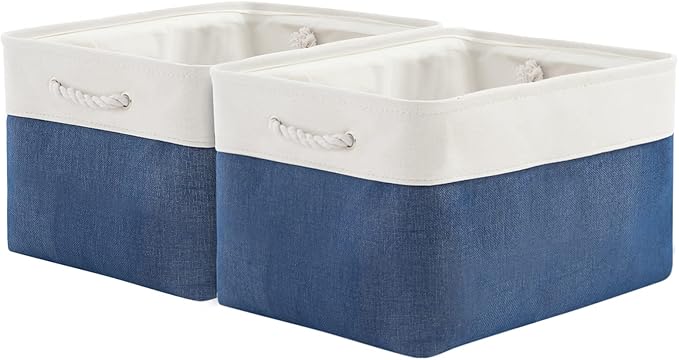 Organization and Storage Bins for Shelves - 2 Pack 17X15X12 inch Canvas Storage Cubes Collapsible Baskets for Organizing with Handles, Storage Box for Cloth Decorative (White & Blue)-Ruum Studio Home