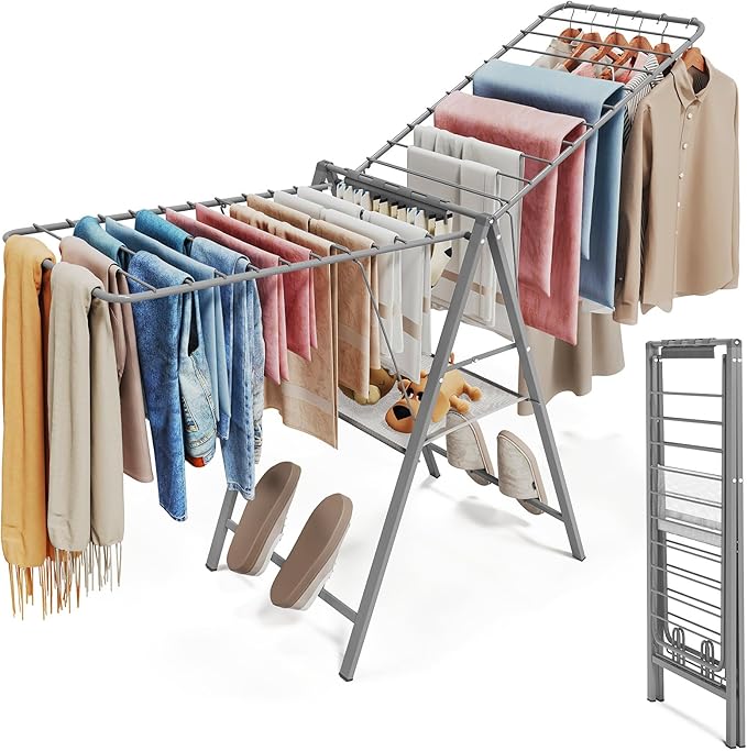 APEXCHASER Clothes Drying Rack Foldable, Metal Laundry Drying Rack Collapsible, Portable Compact Clothes Rack for Sweater Baby Clothes Towel Indoor & Outdoor, Height Adjustable Clothes Airer, Grey-Ruum Studio Home