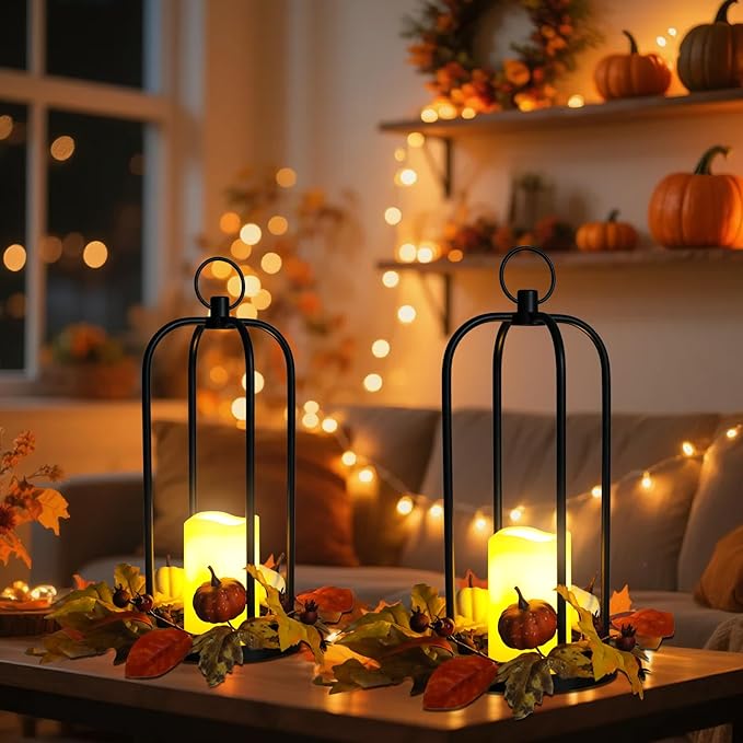 Fall Decor Lanterns Outdoor, 14" Waterproof Decorative Lantern Indoor Decor Metal Hanging Candle Holder LED Flameless Candle Lantern for Patio, Porch, 2 Packs-Ruum Studio Home