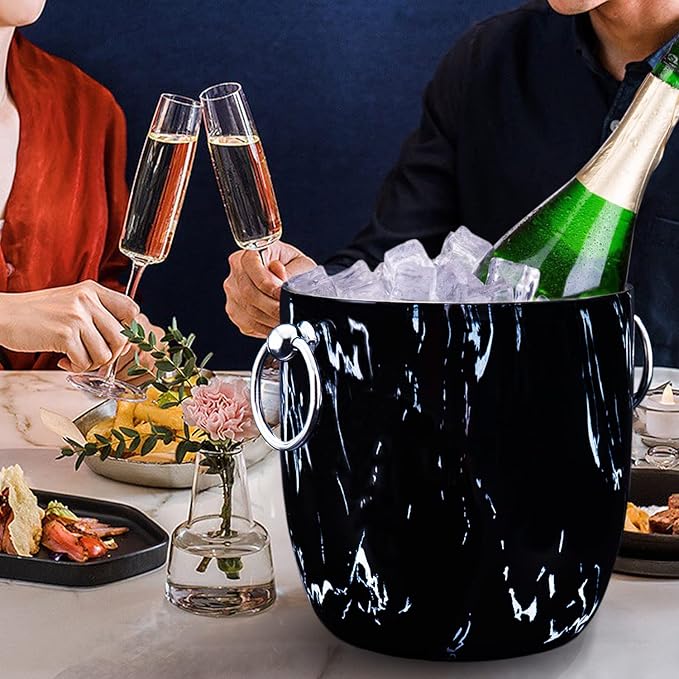 Ice Bucket with Lid, Scoop, Tongs and Strainer - Well Made Insulated Stainless Steel Keep Ice Frozen Longer - Ideal for Cocktail Bar, Parties, Chilling Wine, Champagne - 3 Liter (Black Marble)-Ruum Studio Home
