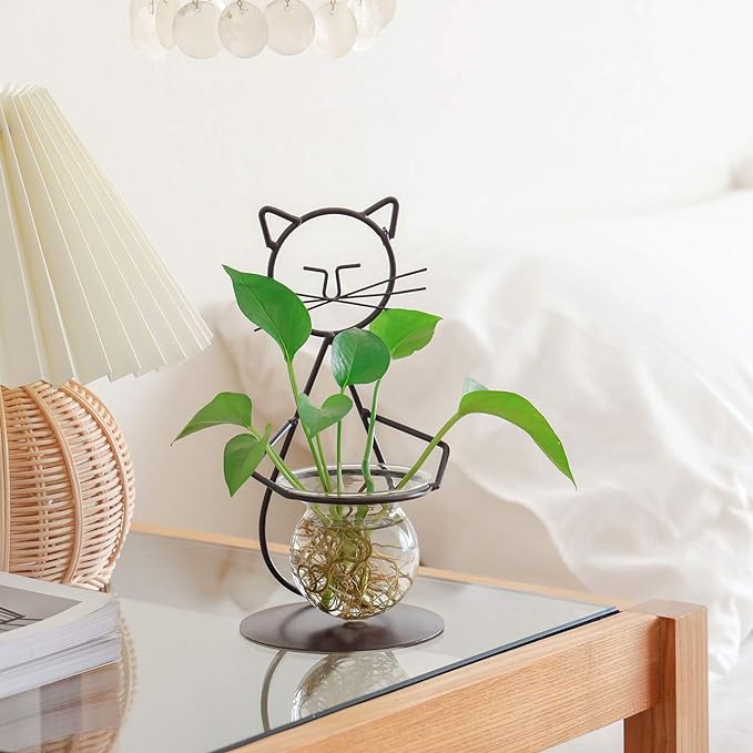 Marbrasse Desktop Glass Planter Vase Holder, Modern Creative Cat Plant Terrarium Metal Stand for Hydroponics Plants Home Garden Wedding Decoration Outdoor Planter Ideas (Style 2)-Ruum Studio Home
