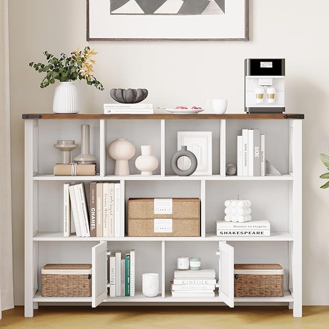 11 Cube Storage Organizer Bookshelf, Wooden Open Cube Shelf Bookcase, Farmhouse Display Book Shelf, 3 Tier Cube Bookshelves with Storage, Rustic White-Ruum Studio Home
