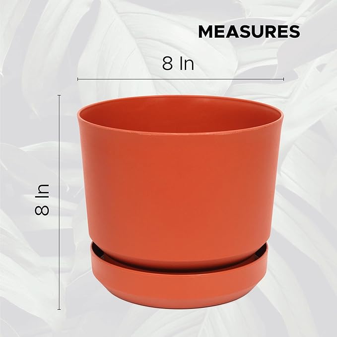 Elly Décor 8 inch Plastic Cylinder Planter Pot with Self-Watering Saucer and Drainage Hole,Lightweight & Extremely Durable, 8"x 8", Terracotta-Ruum Studio Home