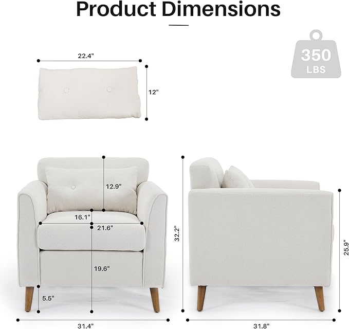 Modern Accent Chair with Wooden Legs Plush Fabric Armchair Chenille Side Single Sofa Chair for Bedroom, Office Cafe Waiting Room Apartment (Beige Armchair)-Ruum Studio Home