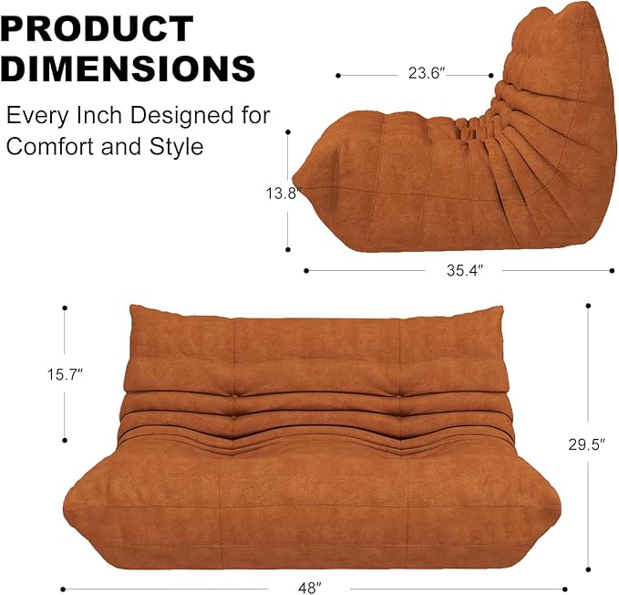 Full Foam Loveseat Sofa,Adults Bean Bag Chairs Floor Couch with Soft Waterproof Fabric,Armless Fireside Lounge Chair for Living Room,Apartment and Office (DarkOrange)-Ruum Studio Home