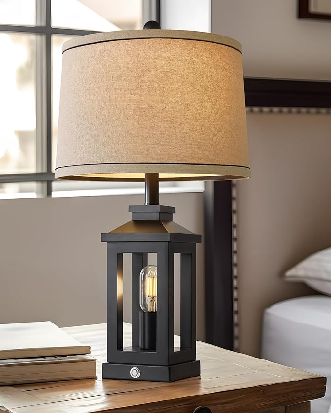 23.75" Retro Farmhouse Black Table Lamp for Living Room Bedroom Nightstand Single Pack Touch Control Bedside Nightlight Vintage Modern Lamp with USB C+A Ports and 2 Light Sources-Ruum Studio Home