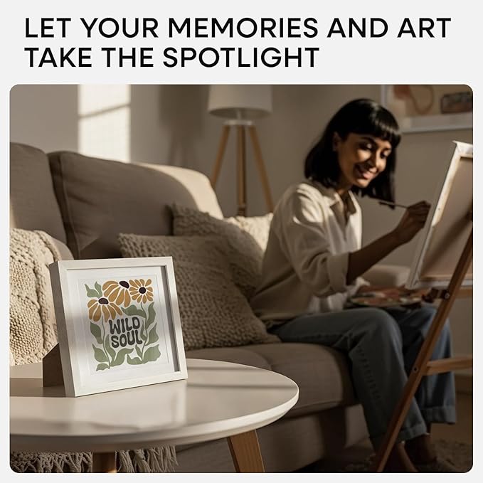 Homeforia 8x8 Picture Frames White, High-End Oak 8 x 8 Square Wood Frame with Mat 6 by 6 Photo, 8x8 Wooden Frames Matted to 6x6 Print, 8by8 Wall or Tabletop Frame, Tempered Glass, Wall Kit, Set of 1-Ruum Studio Home